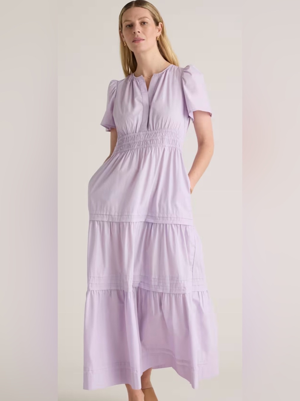 Quince Poplin Tiered Maxi Dress Organic Cotton Pastel Lilac Sz Small Smocked